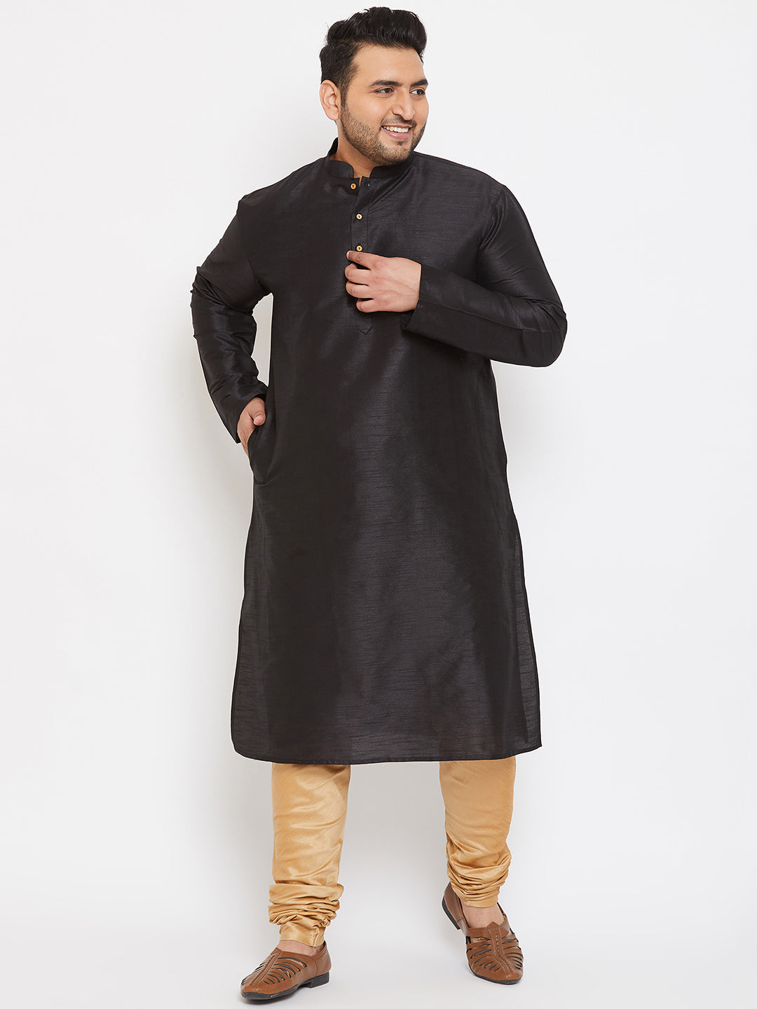 Men's Plus Black And Rose Gold Silk Blend Kurta Pyjama Set - Vastramay