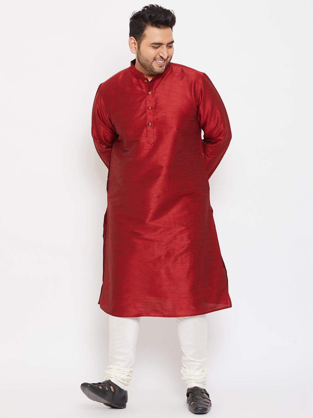 Men's Plus Maroon And Cream Silk Blend Kurta Pyjama Set - Vastramay