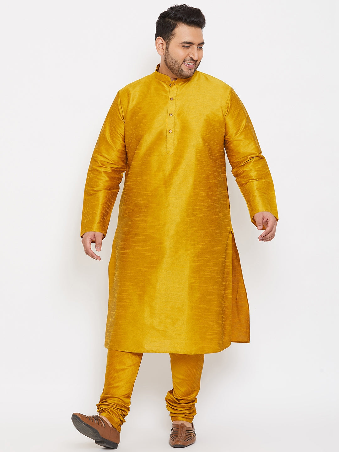 Men's Plus Mustard Silk Blend Kurta Pyjama Set - Vastramay