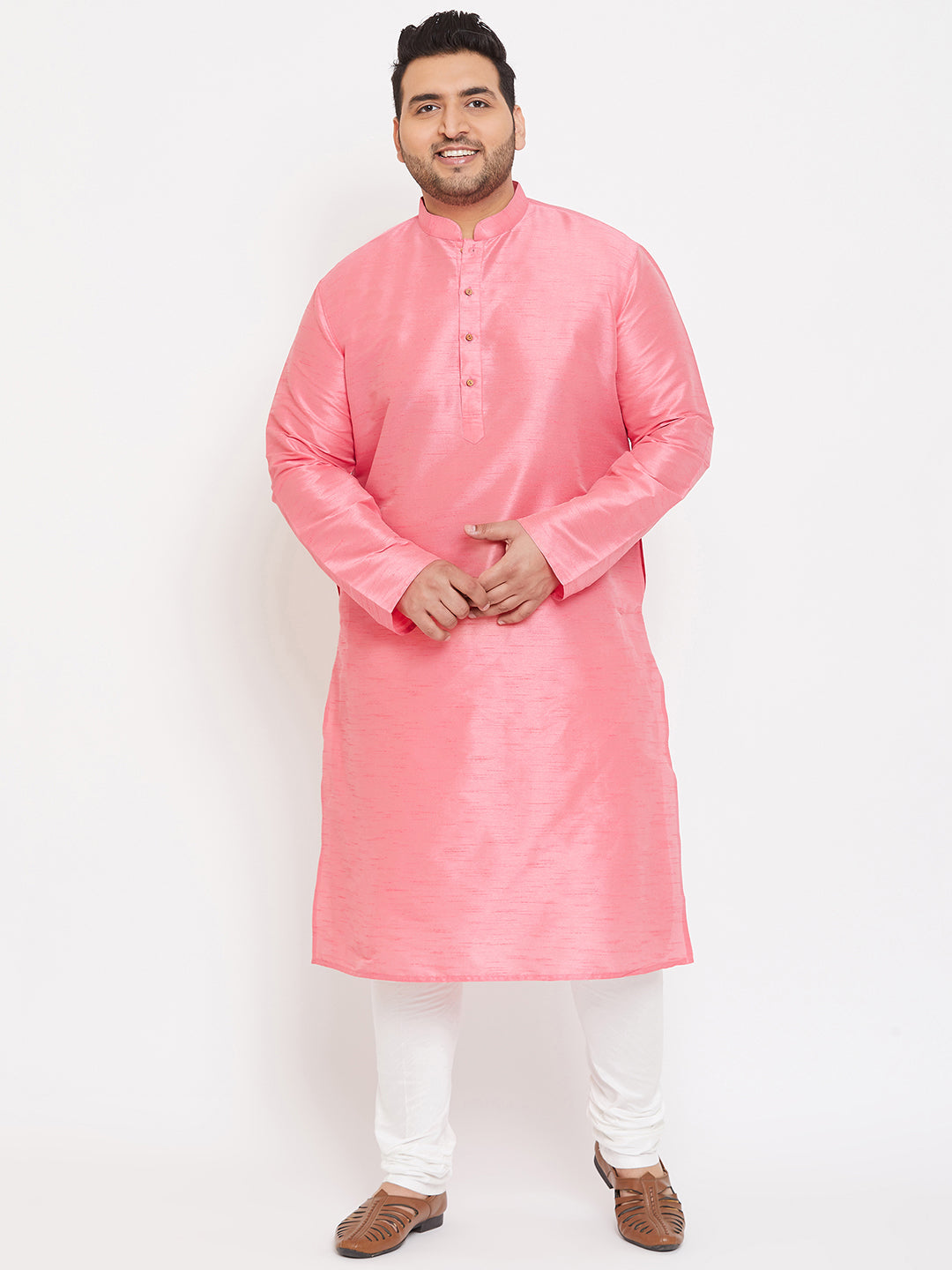 Men's Plus Pink And White Silk Blend Kurta Pyjama Set - Vastramay