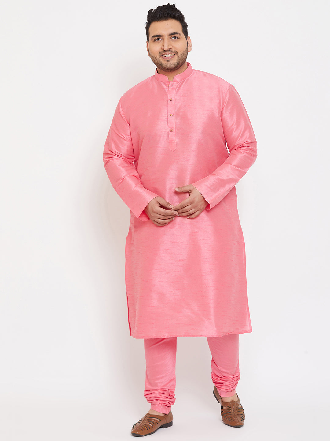 Men's Plus Pink Silk Blend Kurta Pyjama Set - Vastramay