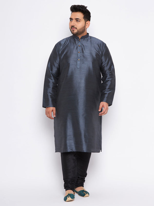 Jashvi Men's Plus Size Grey Silk Blend Kurta Pyjama Set