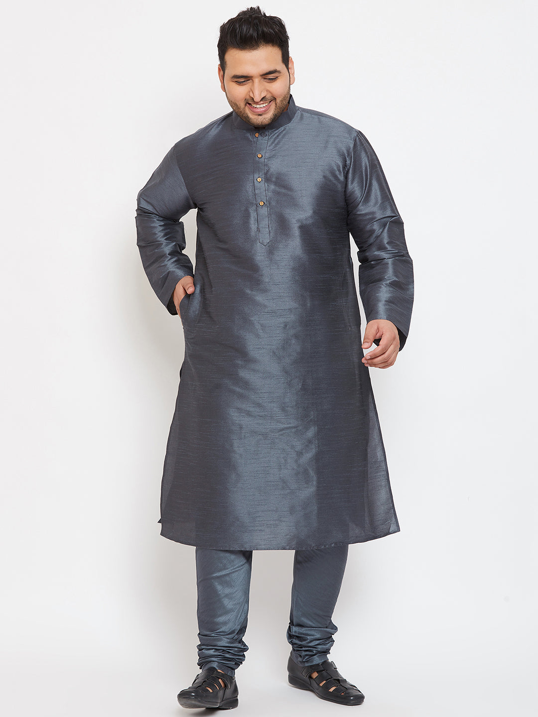 Men's Plus Steel Grey Silk Blend Kurta Pyjama Set - Vastramay