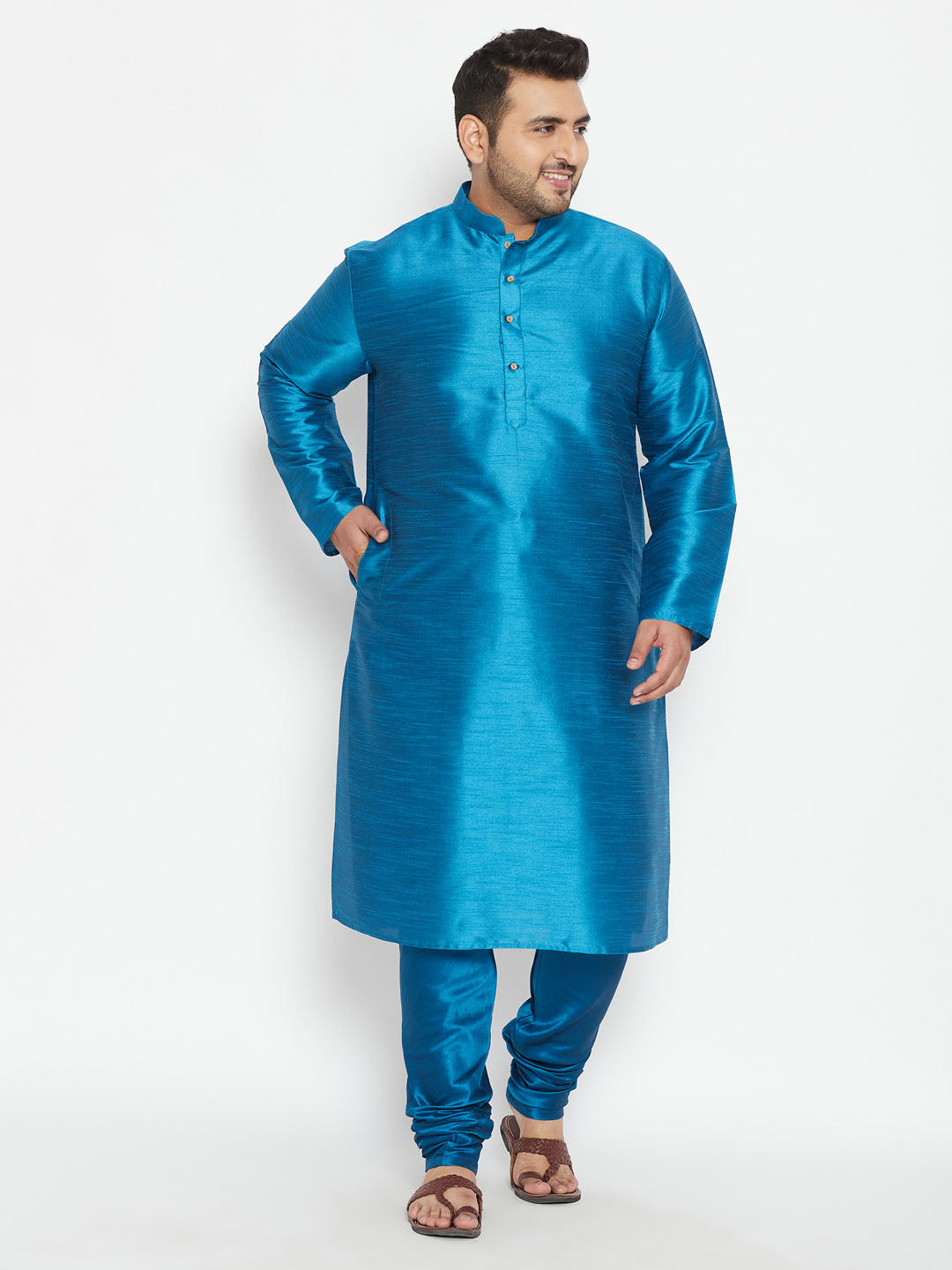 Men's Plus Turquoise Silk Blend Kurta Pyjama Set - Vastramay