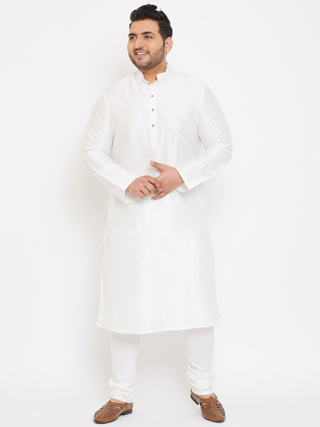 Men's Plus White Silk Blend Kurta Pyjama Set - Vastramay