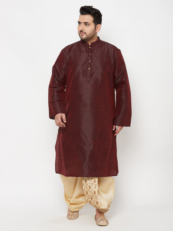 Jashvi Men's Plus Size Wine Silk Blend Kurta Dhoti Set