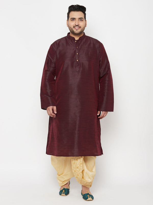 Jashvi Men's Plus Size Wine Silk Blend Kurta Dhoti Set