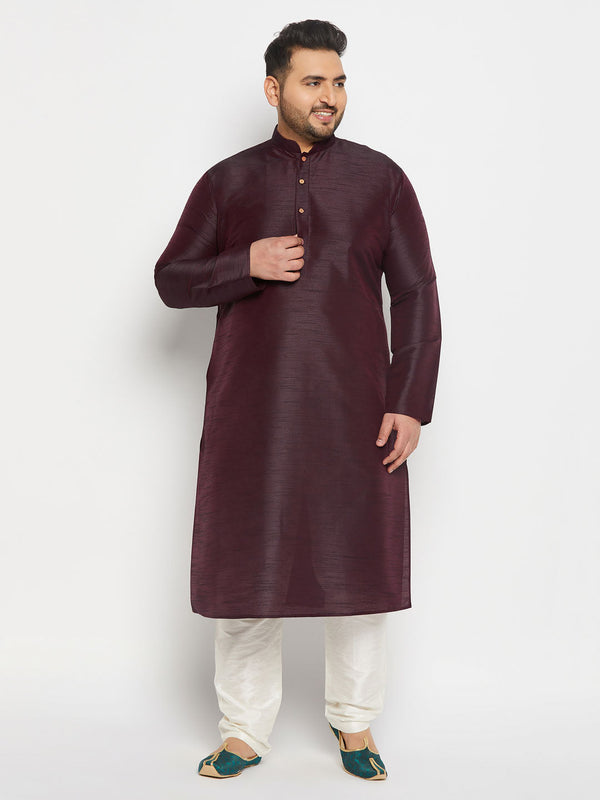 Jashvi Men's Plus Size Burgundy Silk Blend Kurta Pant Set