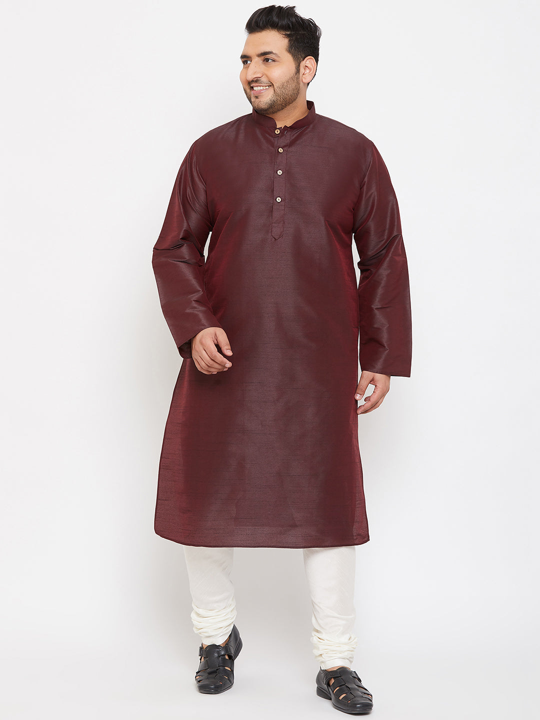 Men's Plus Wine And Cream Silk Blend Kurta Pyjama Set - Vastramay