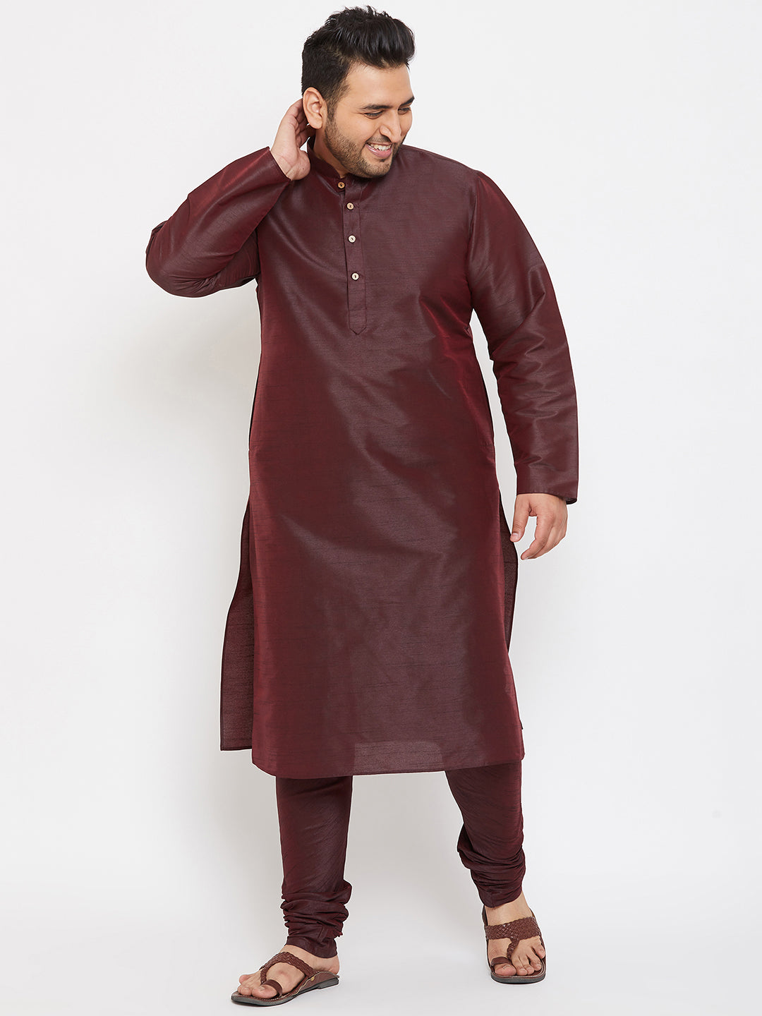 Men's Plus Wine Silk Blend Kurta Pyjama Set - Vastramay