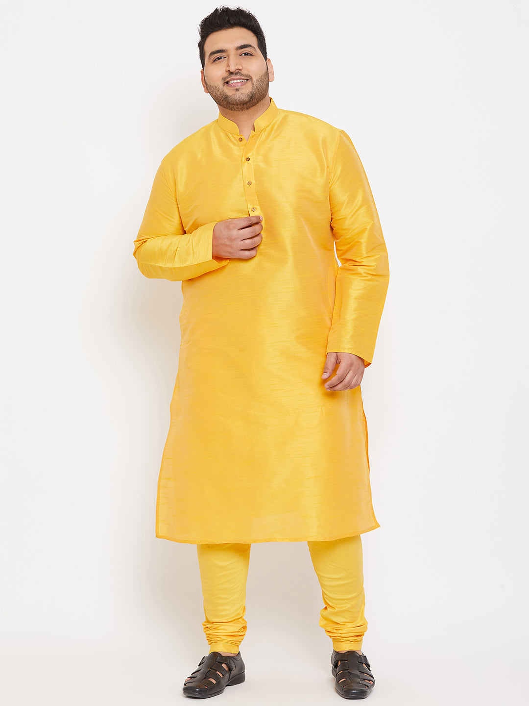 Men's Plus Yellow Silk Blend Kurta Pyjama Set - Vastramay