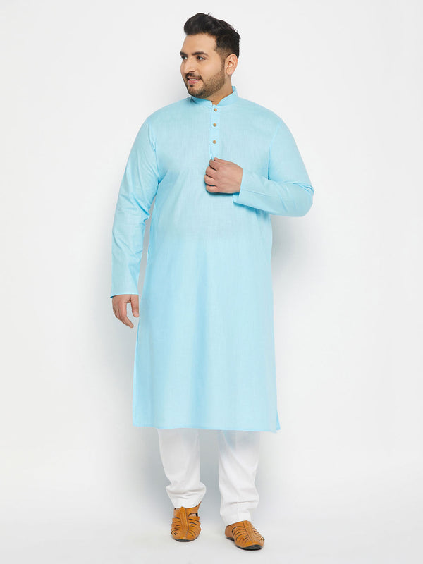 Jashvi Men's Plus Size Aqua Blue Cotton Kurta And Cotton Pant Style Pyjama Set