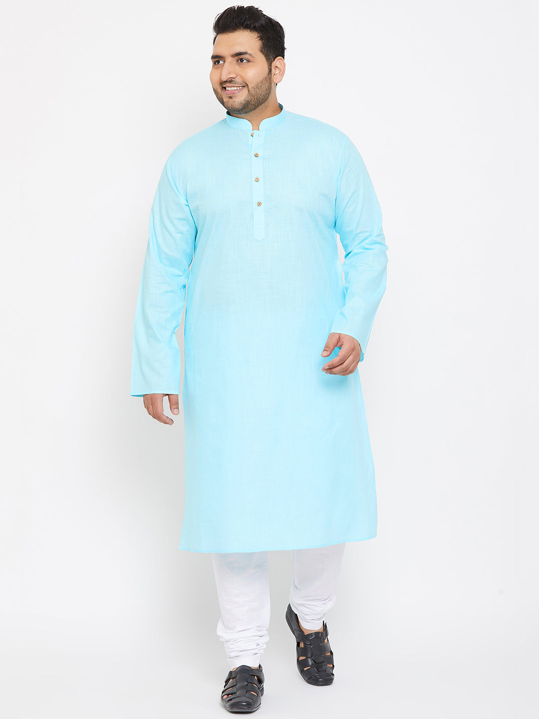 Men's Plus Aqua Blue And White Cotton Blend Kurta Pyjama Set - Vastramay