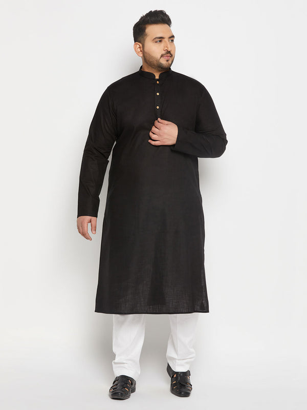 Jashvi Men's Plus Size Black Cotton Kurta And Cotton Pant Style Pyjama Set