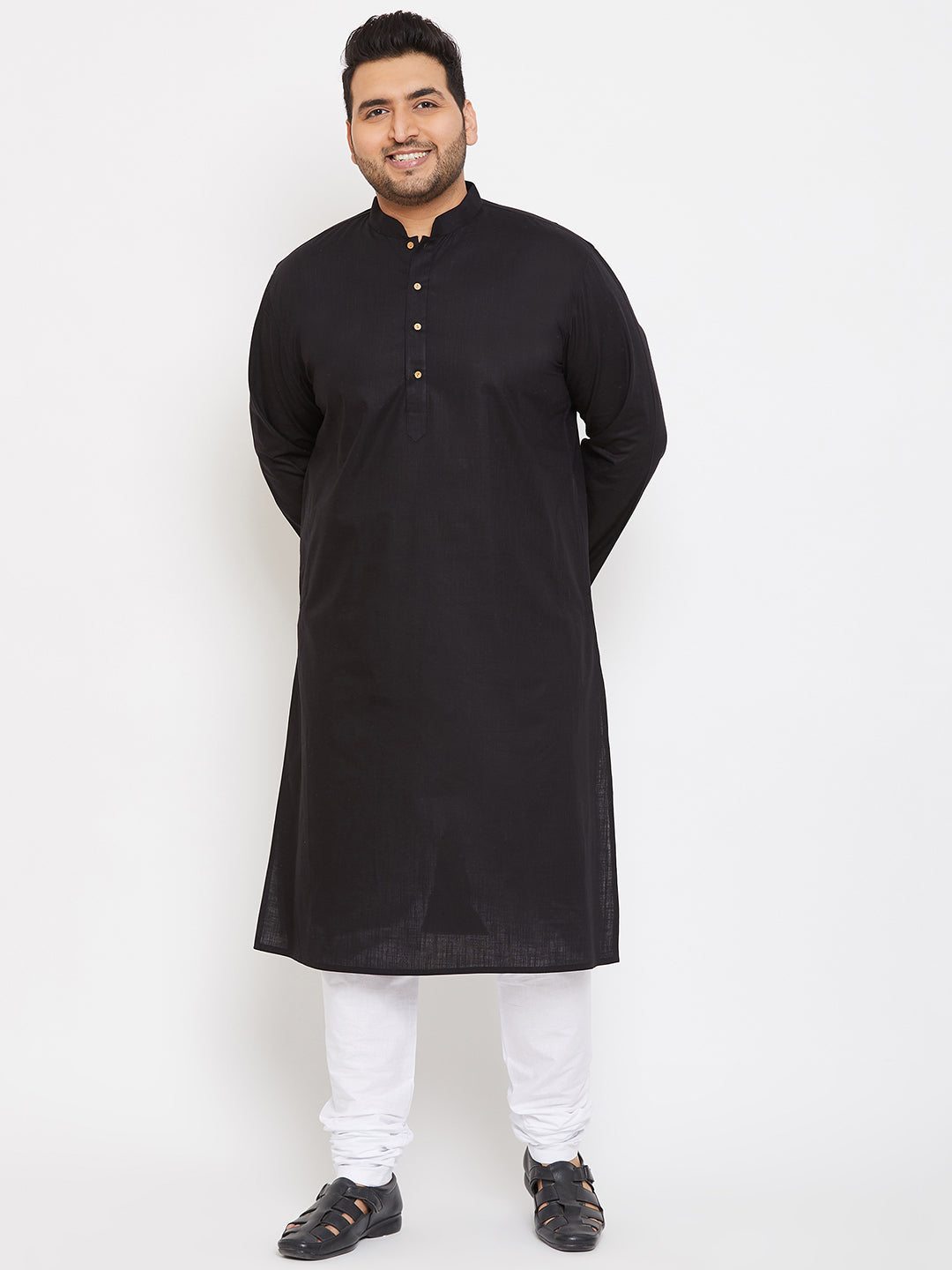 Men's Plus Black And White Cotton Blend Kurta Pyjama Set - Vastramay