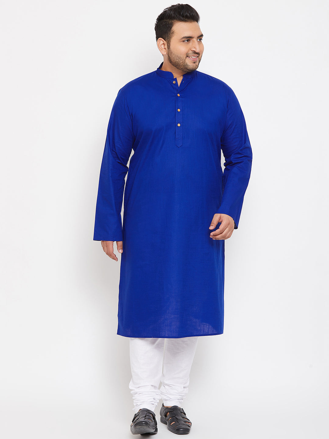 Men's Plus Blue And White Cotton Blend Kurta Pyjama Set - Vastramay