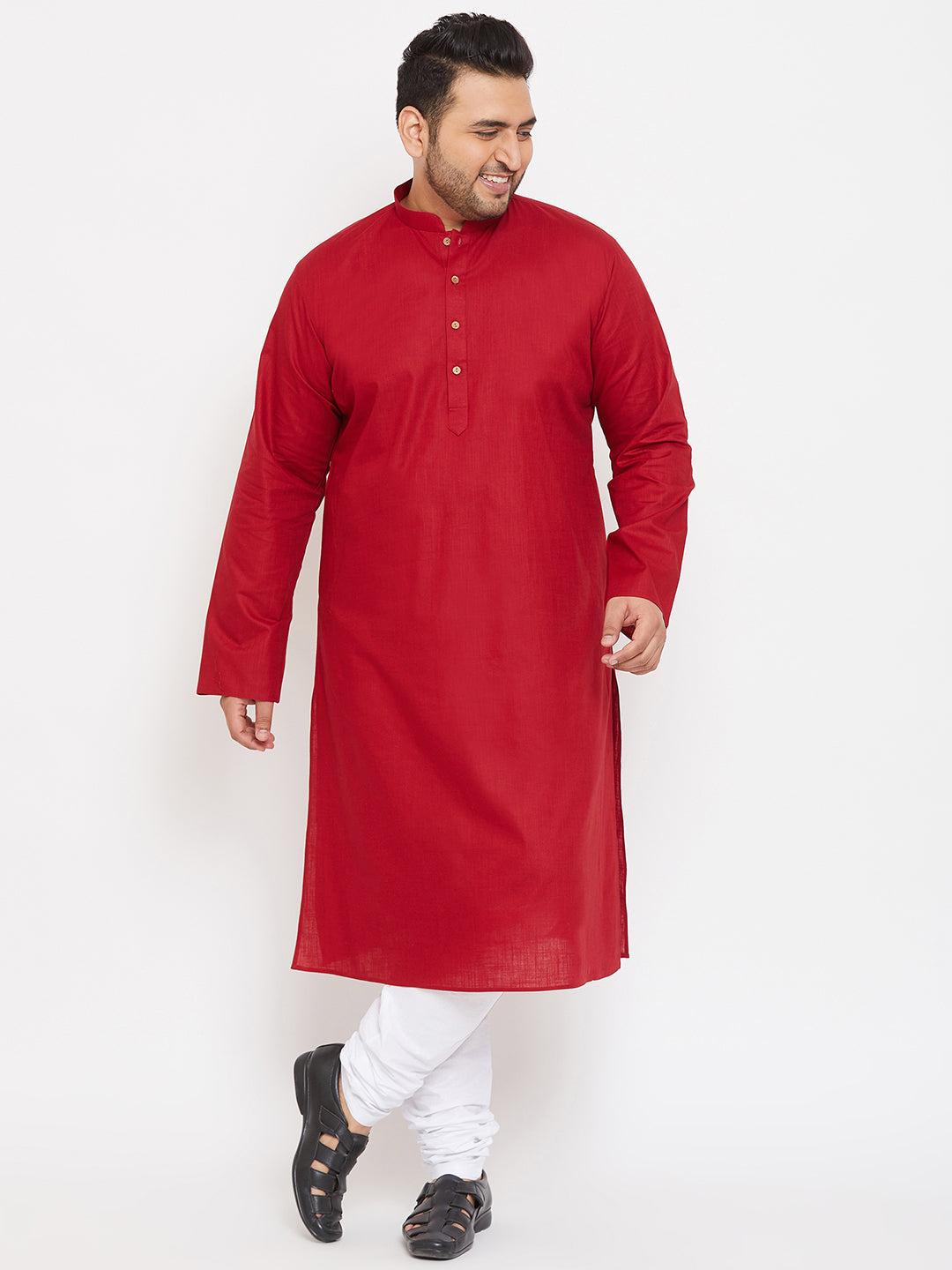 Men's Plus Maroon And White Cotton Blend Kurta Pyjama Set - Vastramay