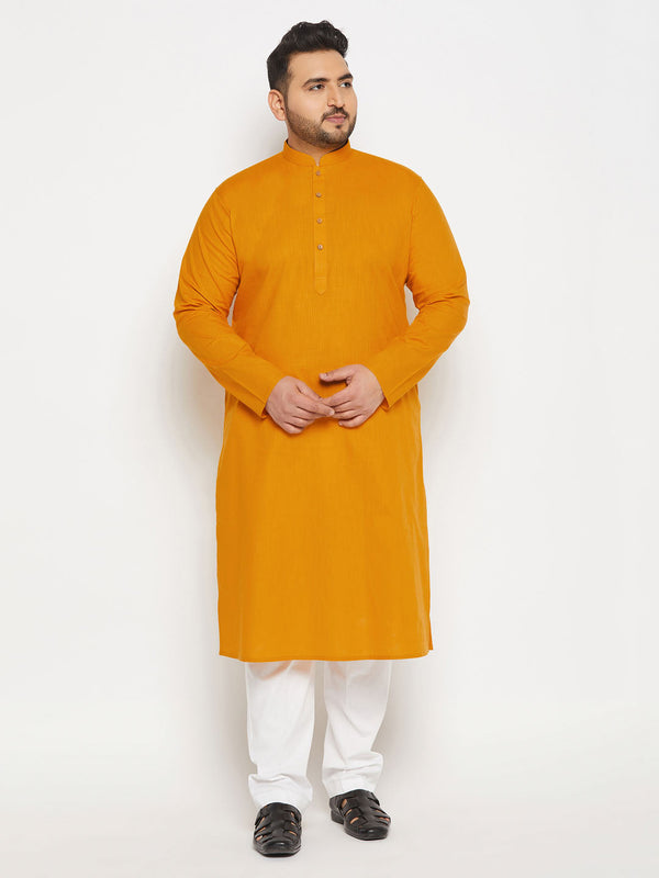 Jashvi Men's Plus Size Mustard Cotton Kurta And Cotton Pant Style Pyjama Set