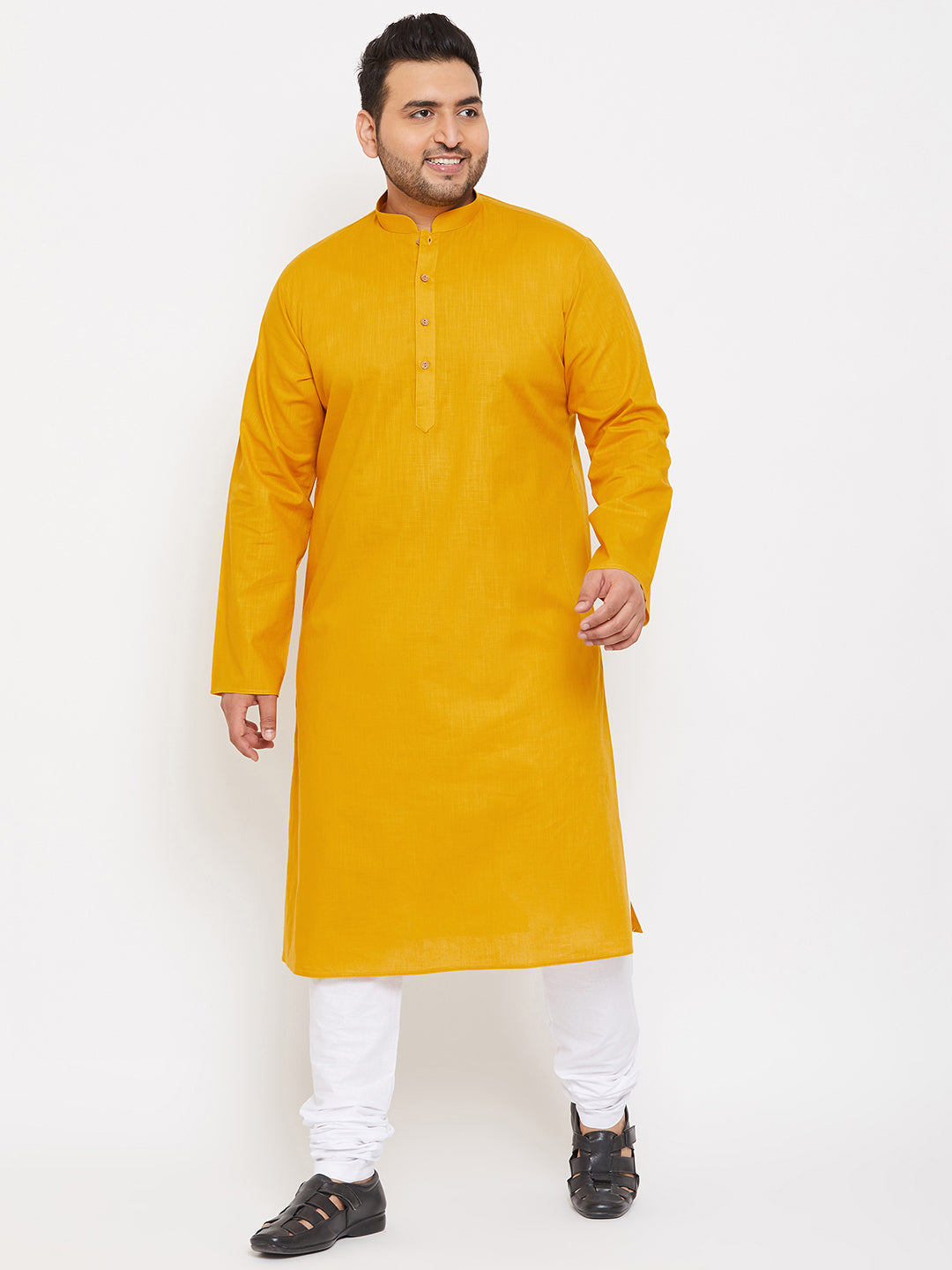 Men's Plus Mustard And White Cotton Blend Kurta Pyjama Set - Vastramay