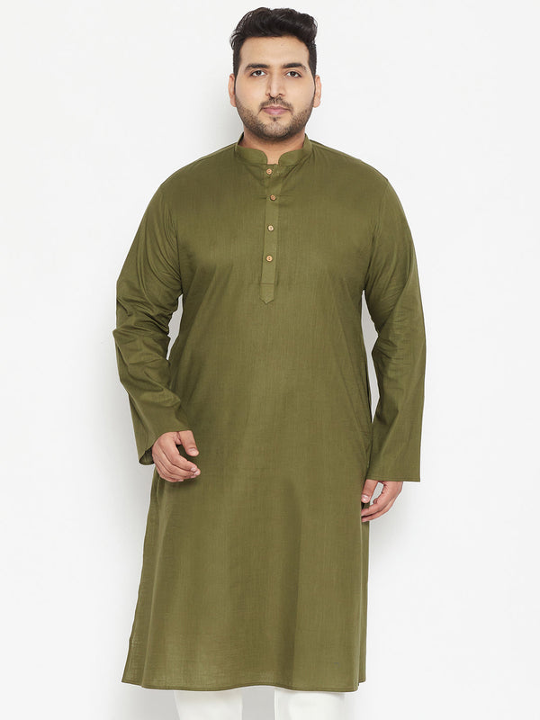 Jashvi Men's Plus Size Mahendi Green Cotton Blend Kurta