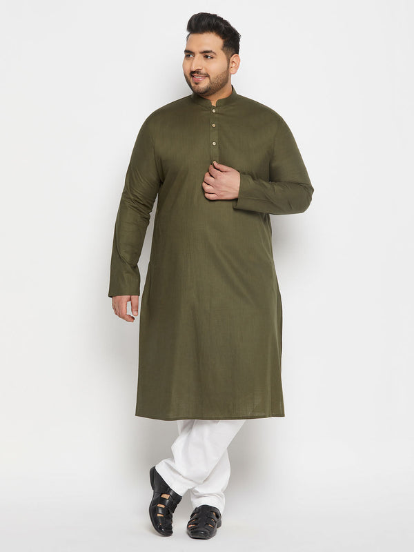 Jashvi Men's Plus Size Mehndi Green Cotton Kurta And Cotton Pant Style Pyjama Set