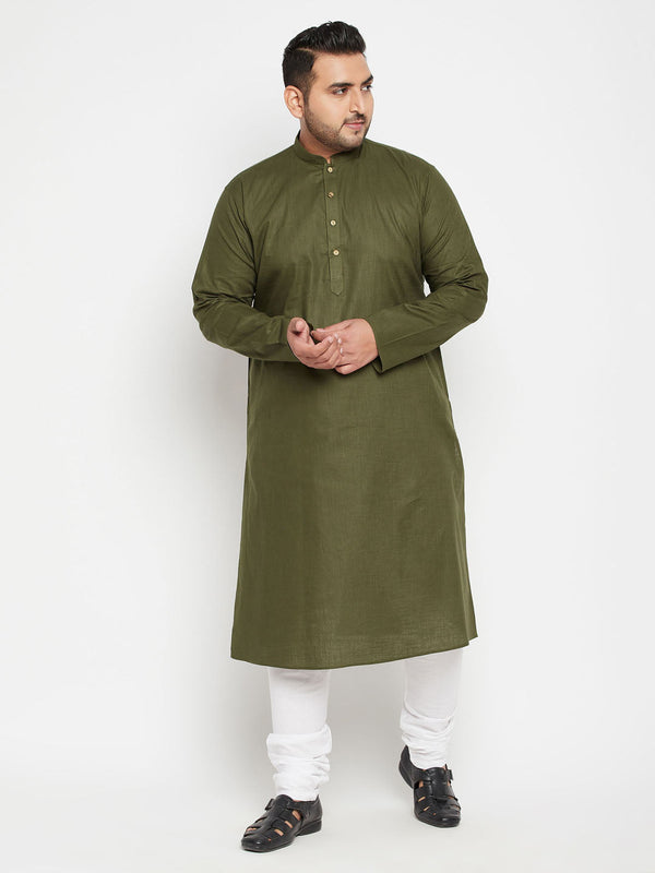 Jashvi Men's Plus Size Mahendi Green And White Cotton Blend Kurta Pyjama Set