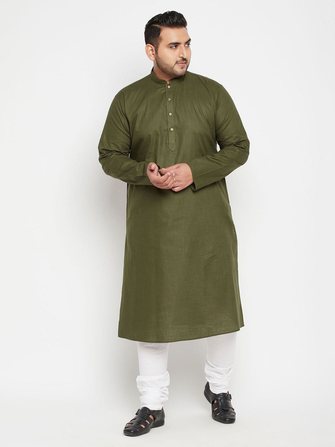 Men's Plus Mint Green And White Cotton Blend Kurta Pyjama Set - Vastramay