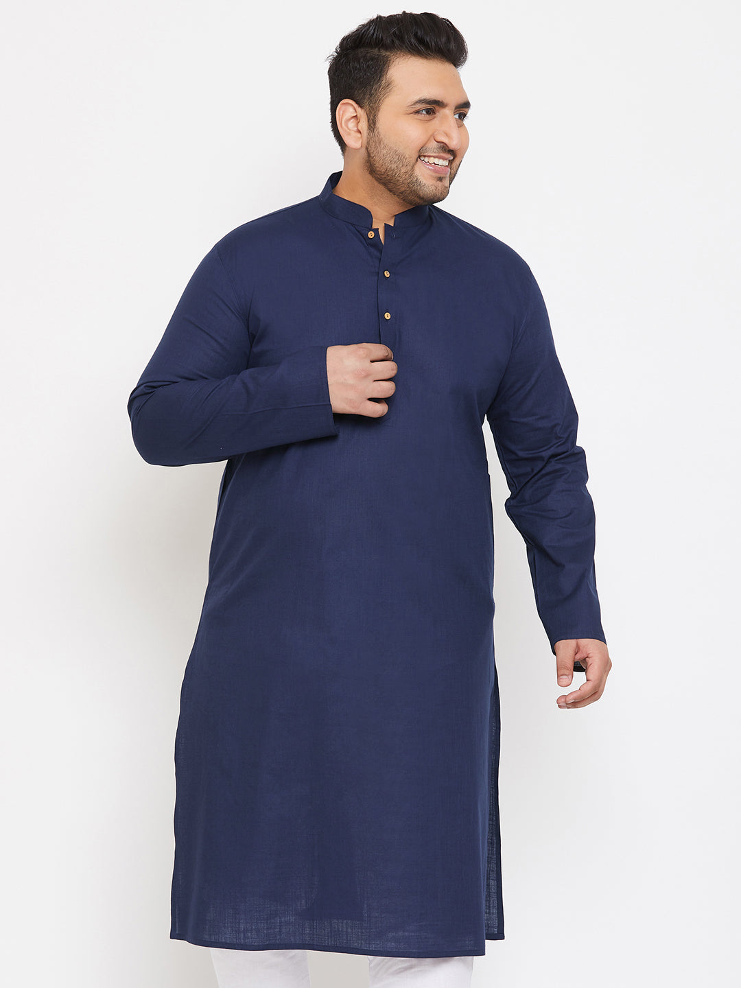 Men's Plus Navy Blue Cotton Blend Kurta - Vastramay