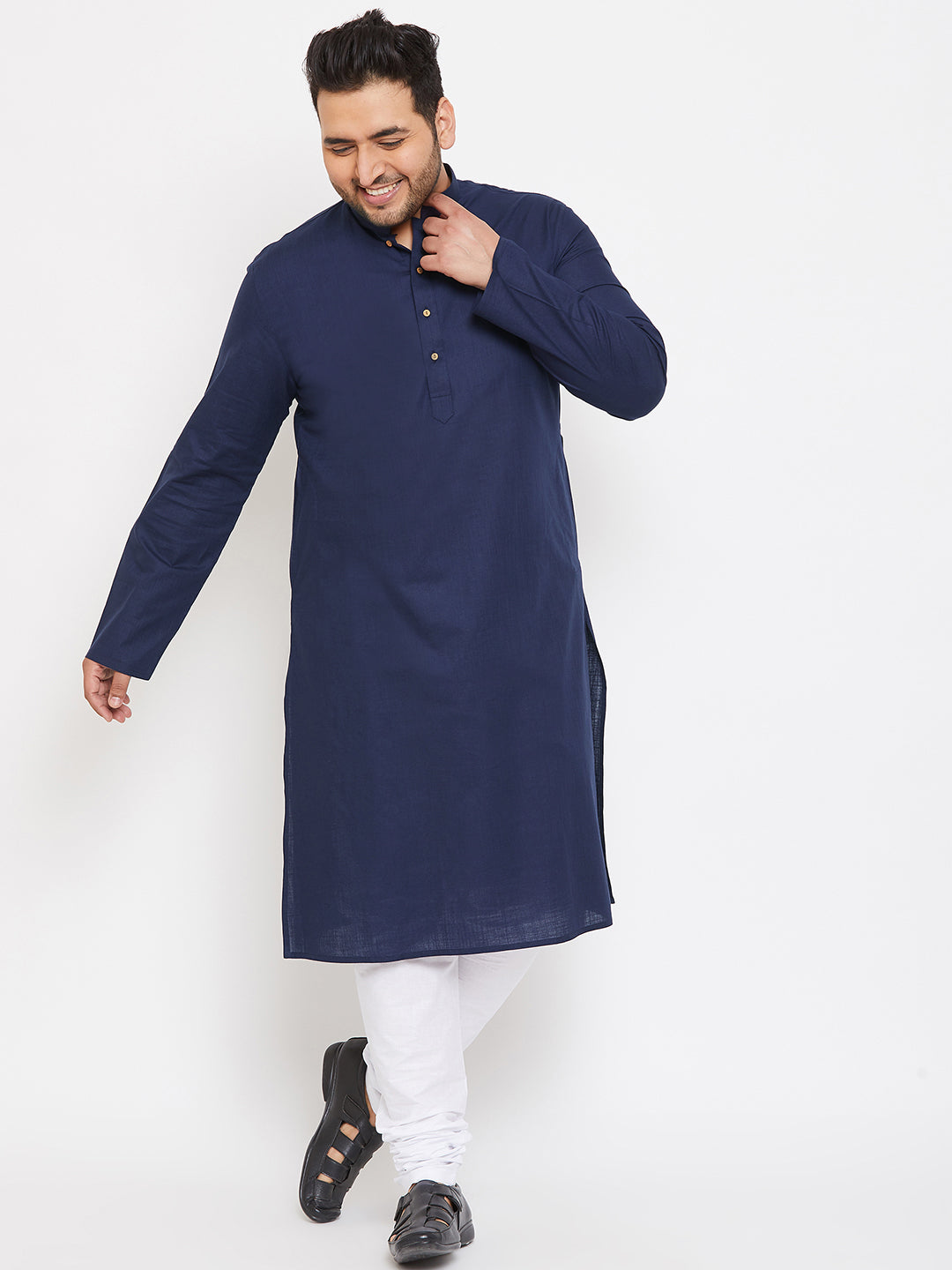 Men's Plus Navy Blue And White Cotton Blend Kurta Pyjama Set - Vastramay