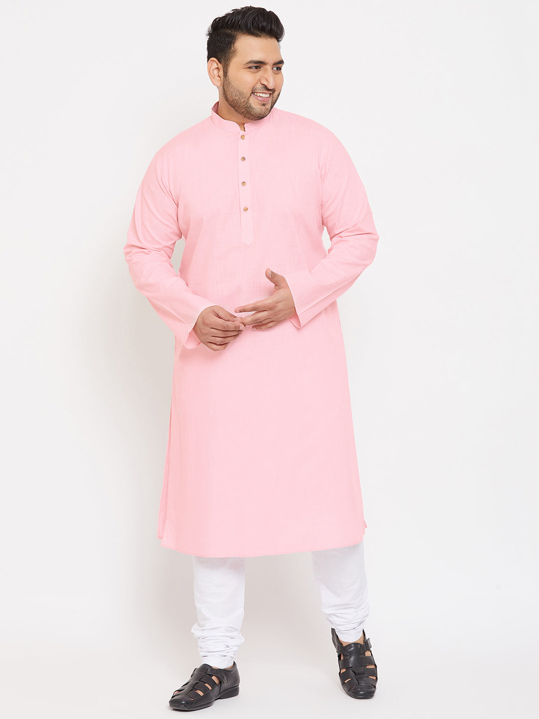 Men's Plus Pink And White Cotton Blend Kurta Pyjama Set - Vastramay