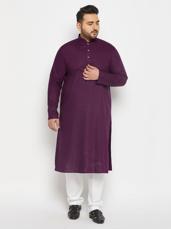 Jashvi Men's Plus Size Purple Cotton Kurta And Cotton Pant Style Pyjama Set