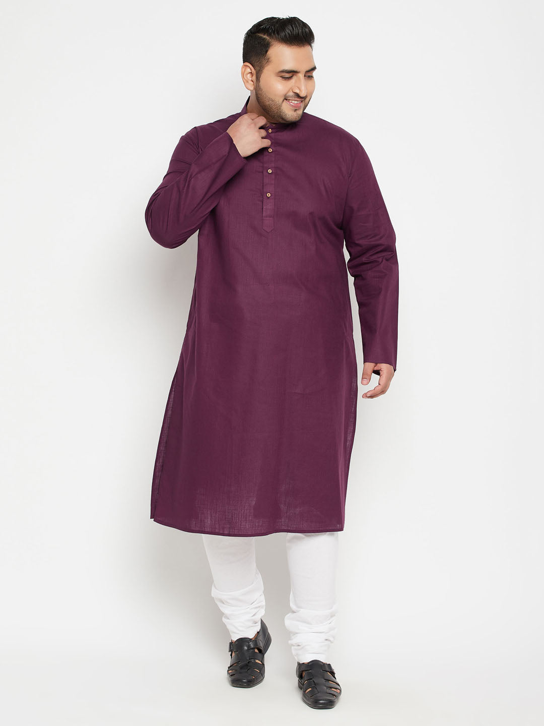 Men's Plus Purple And White Cotton Blend Kurta Pyjama Set - Vastramay