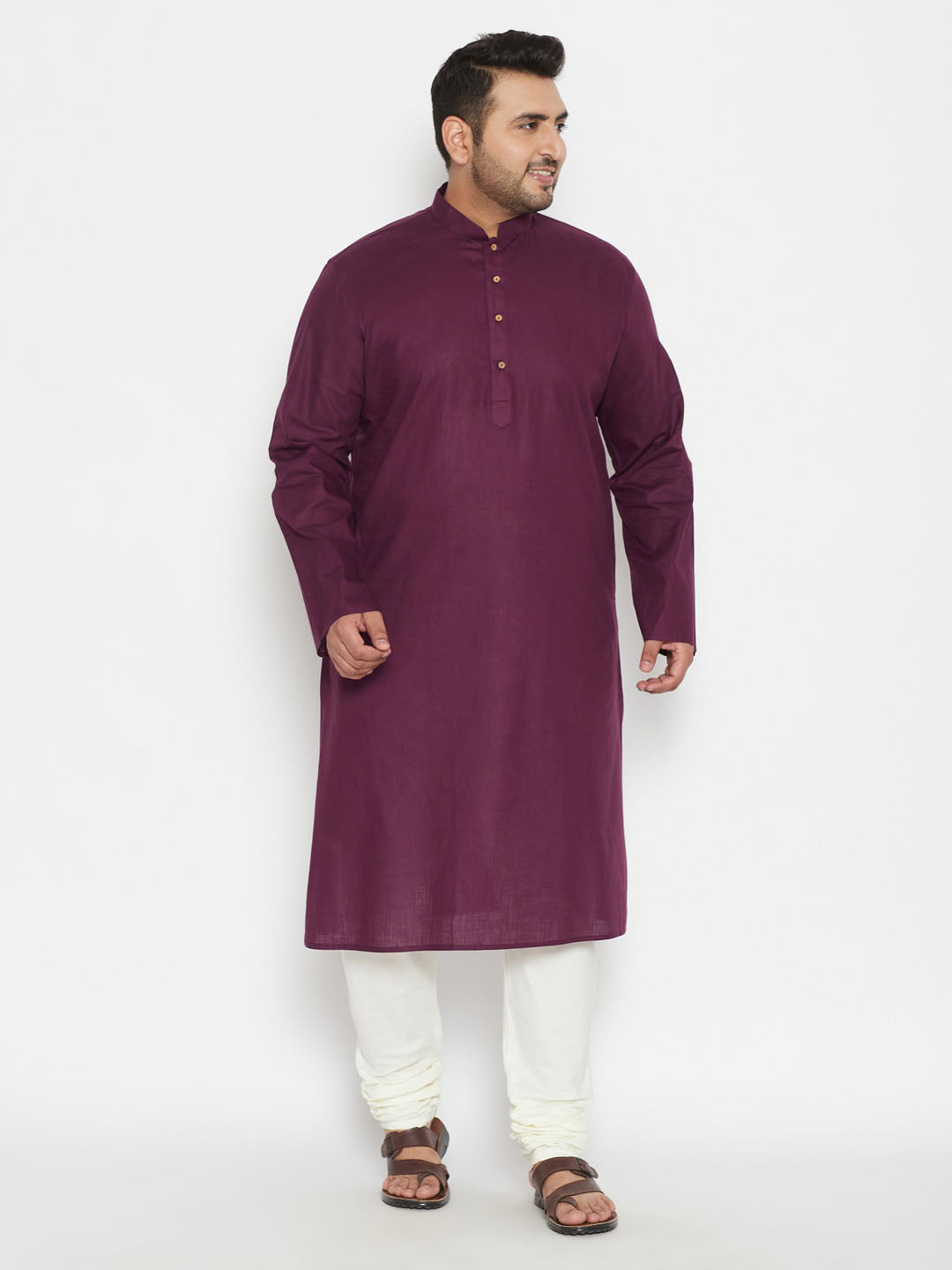 Men's Plus Purple And Cream Cotton Blend Kurta Pyjama Set - Vastramay