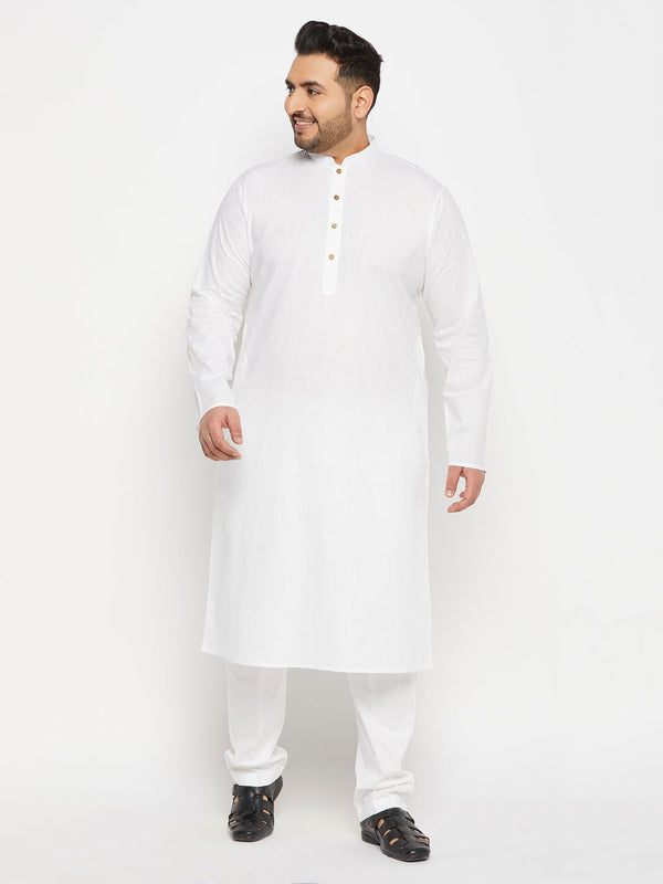 Jashvi Men's Plus Size White Cotton Kurta And Cotton Pant Style Pyjama Set