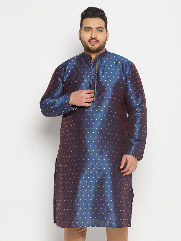 Jashvi Men's Plus Size Navy Blue Zari Weaved Kurta