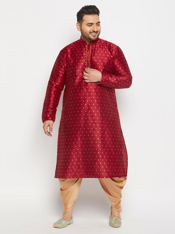 Jashvi Men's Plus Size Maroon Zari Weaved Kurta Dhoti Set