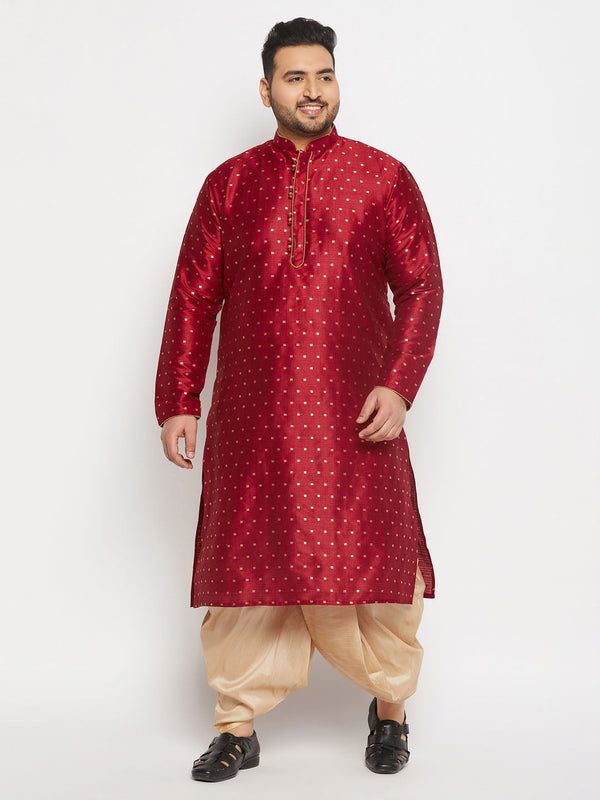 Jashvi Men's Plus Size Maroon Zari Weaved Kurta Dhoti Set