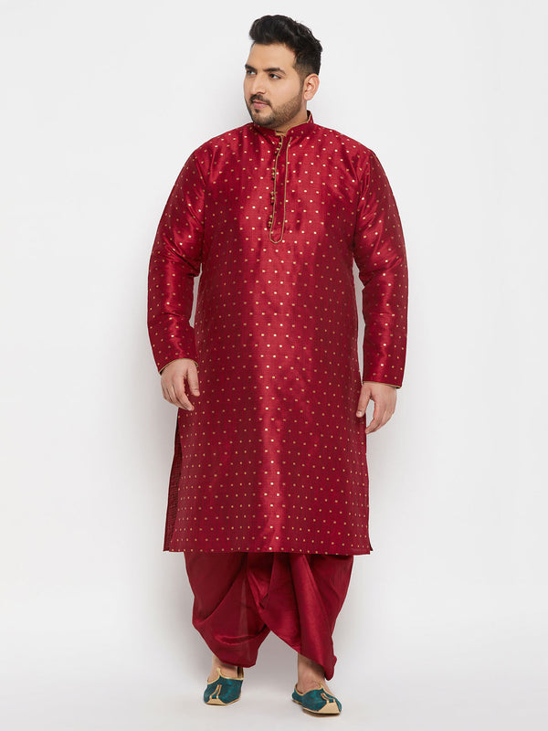 Jashvi Men's Plus Size Maroon Zari Weaved Kurta Dhoti Set