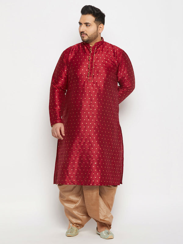 Jashvi Men's Plus Size Maroon Zari Weaved Kurta Dhoti Set