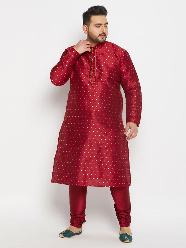 Jashvi Men's PLUS Size Maroon Zari Weaved Kurta Pyjama Set