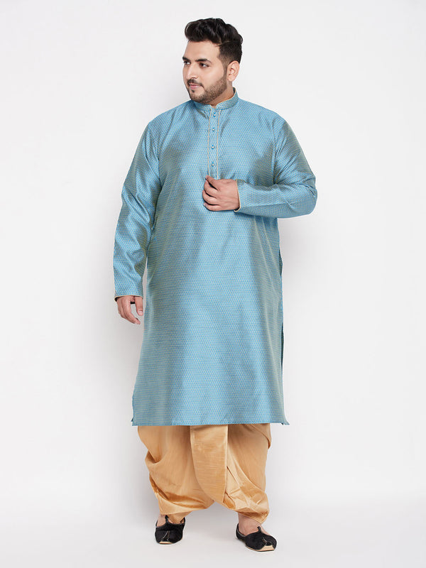 Jashvi Men's Plus Size Aqua Blue Woven Kurta And Rose Gold Dhoti Set