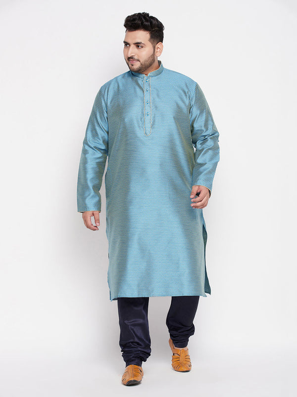 Jashvi Men's Plus Size Aqua Blue Woven Kurta And Navy Blue Pyjama Set