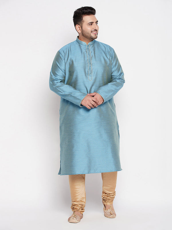 Jashvi Men's Plus Size Aqua Blue Woven Kurta And Rose Gold Pyjama Set