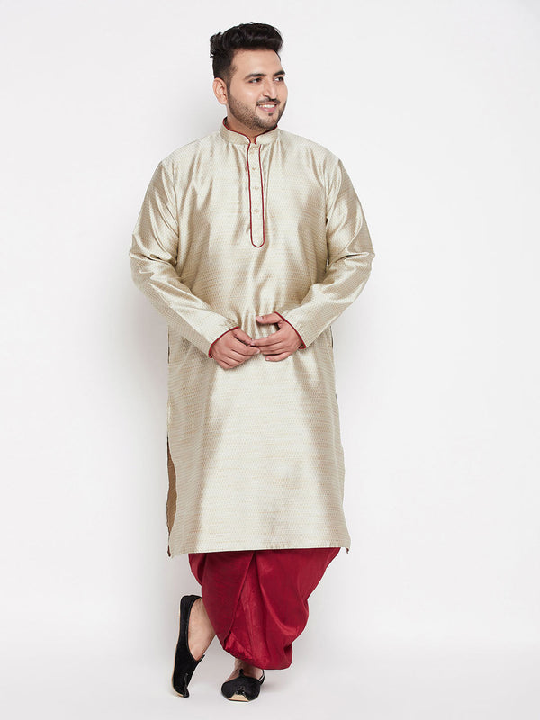 Jashvi Men's Plus Size Beige Woven Kurta And Maroon Dhoti Set