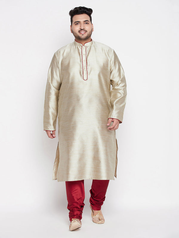 Jashvi Men's Plus Size Beige Woven Kurta And Maroon Pyjama Set