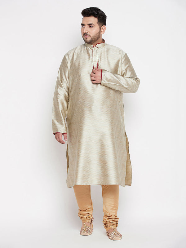 Jashvi Men's Plus Size Beige Woven Kurta And Rose Gold Pyjama Set