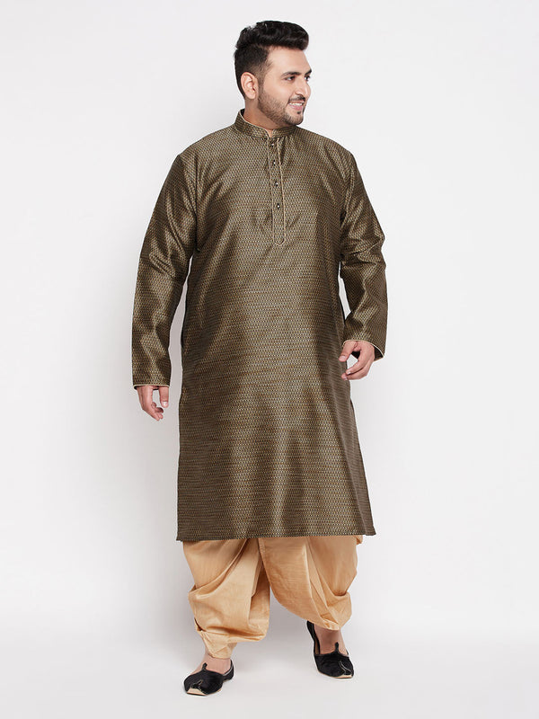 Jashvi Men's Plus Size Black Woven Kurta And Rose Gold Dhoti Set