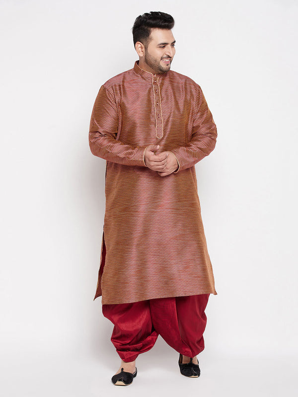 Jashvi Men's Plus Size Maroon Woven Kurta And Maroon Dhoti Set