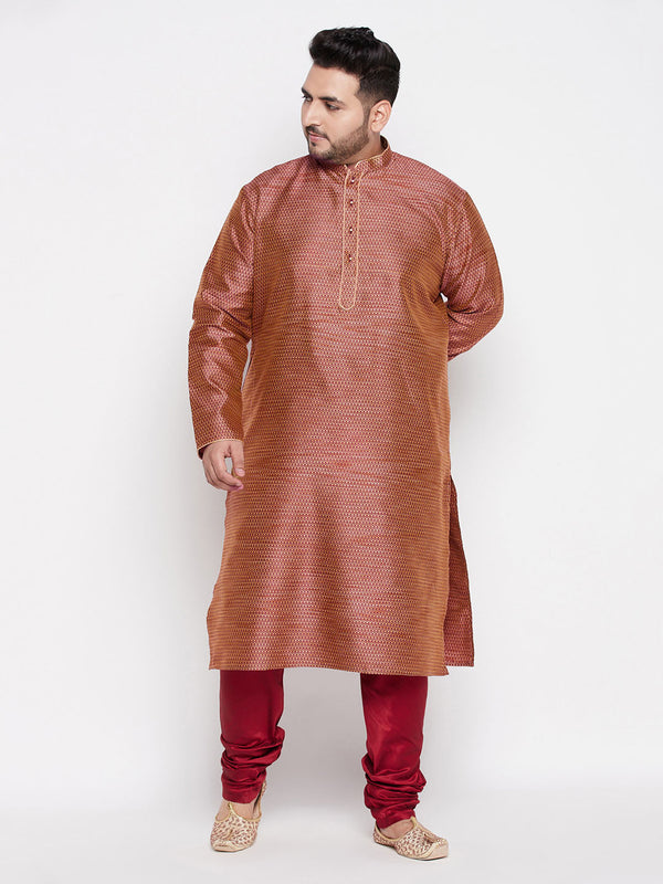 Jashvi Men's Plus Size Maroon Woven Kurta And Maroon Pyjama Set