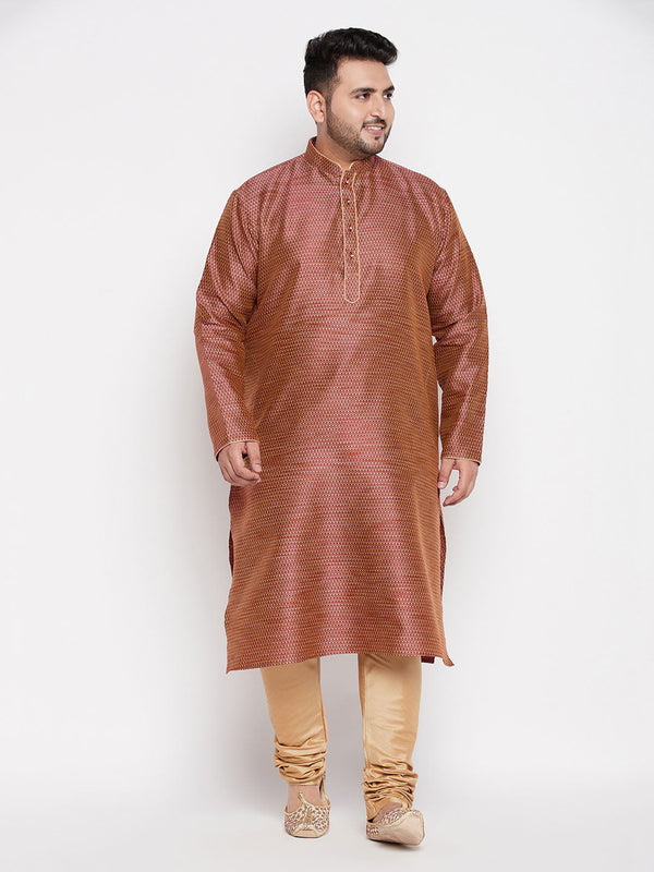 Jashvi Men's Plus Size Maroon Woven Kurta And Rose Gold Pyjama Set